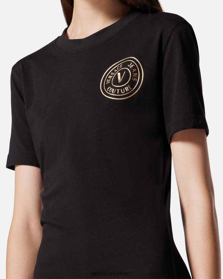 Versace v amblemli logolu tişört elbise kadınlar siyah altın Giyim B0HHR82144