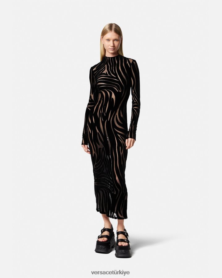 Versace zebra kadife midi elbise kadınlar siyah Giyim B0HHR872