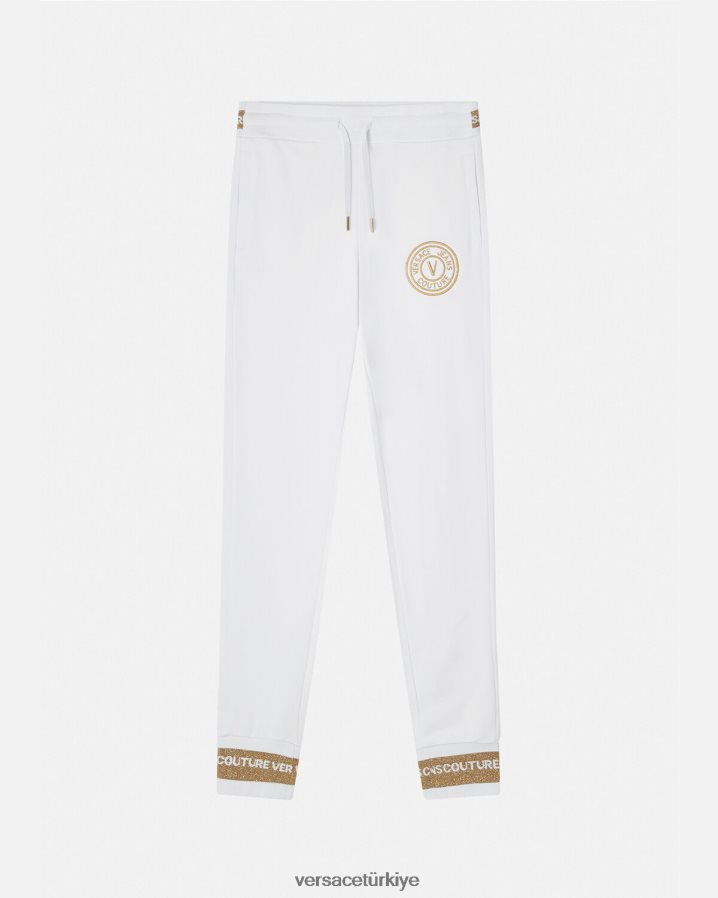Versace v amblemli eşofman altı kadınlar altın ve beyaz Giyim B0HHR82245