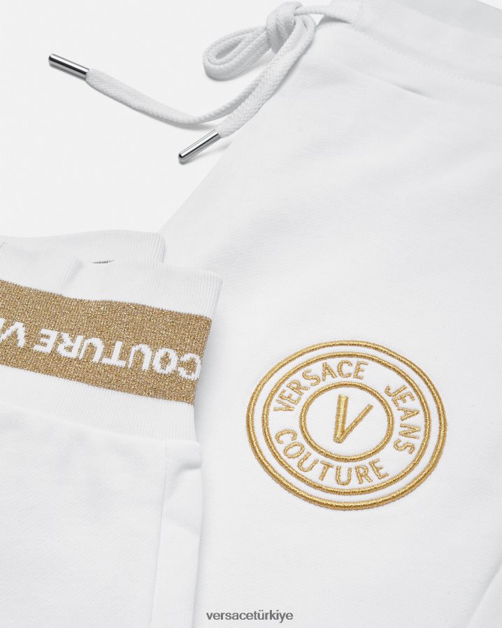 Versace v amblemli eşofman altı kadınlar altın ve beyaz Giyim B0HHR82245