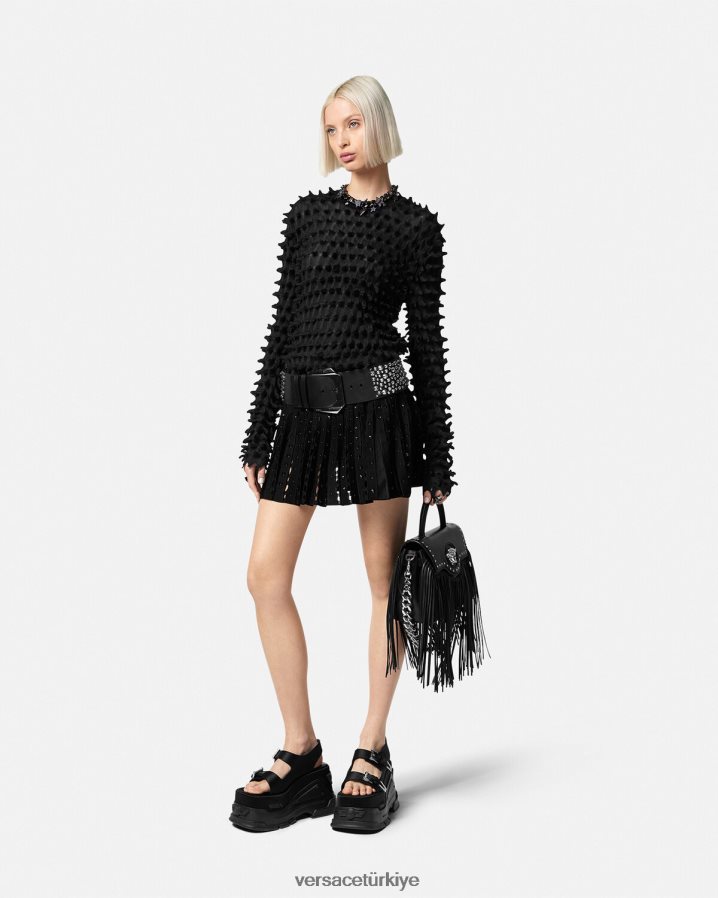 Versace çivili örgü pilili mini etek kadınlar siyah Giyim B0HHR8184