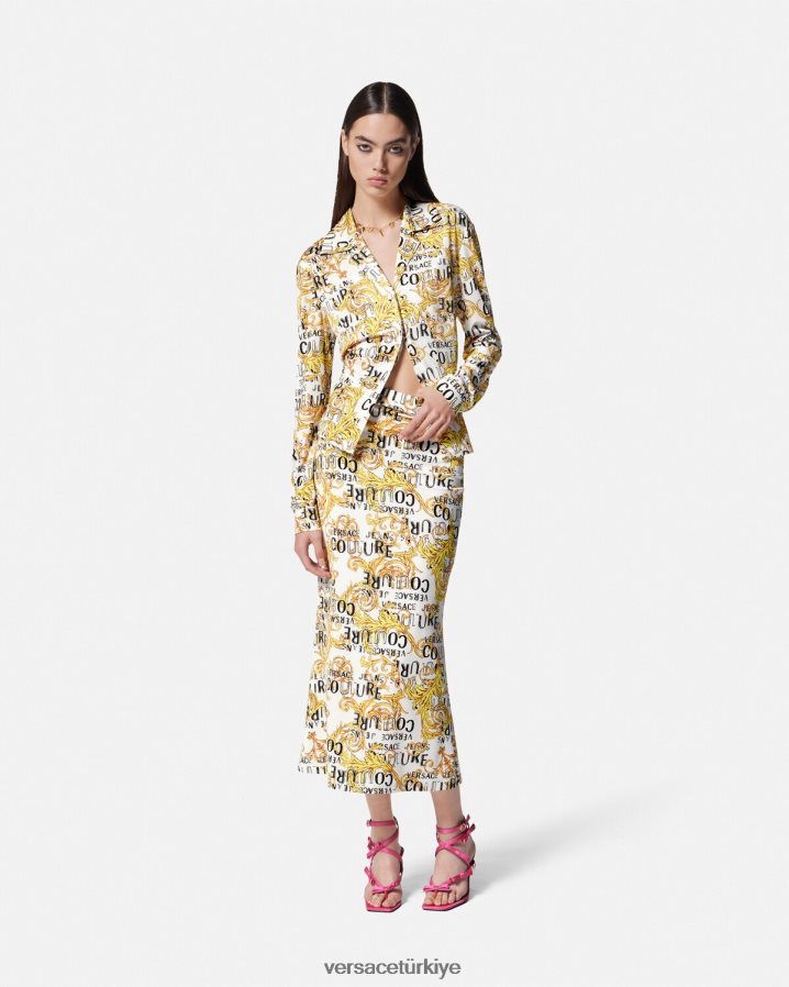 Versace logo couture midi etek kadınlar altın ve beyaz Giyim B0HHR82251