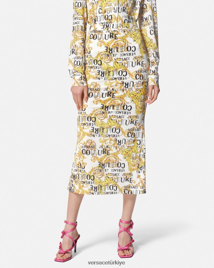Versace logo couture midi etek kadınlar altın ve beyaz Giyim B0HHR82251