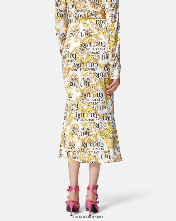 Versace logo couture midi etek kadınlar altın ve beyaz Giyim B0HHR82251
