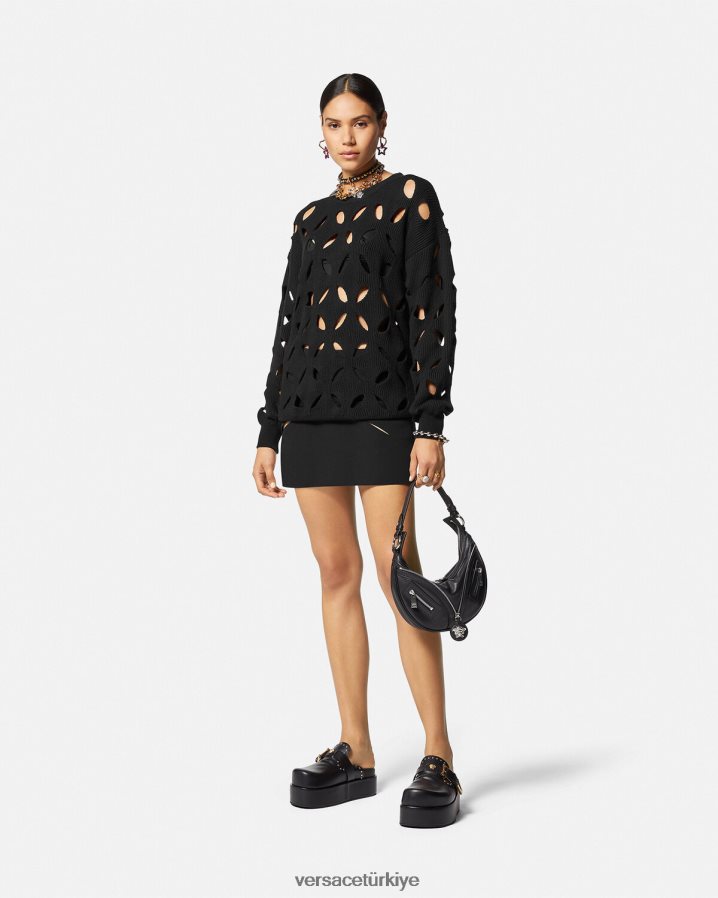 Versace yırtmaçlı yün mini etek kadınlar siyah Giyim B0HHR8125