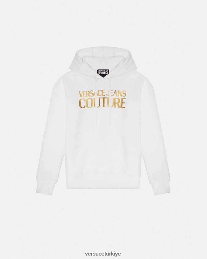 Versace logolu kapüşonlu svetşört kadınlar altın ve beyaz Giyim B0HHR82235