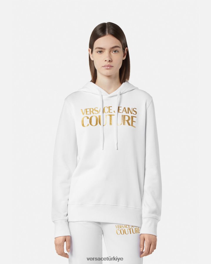 Versace logolu kapüşonlu svetşört kadınlar altın ve beyaz Giyim B0HHR82235