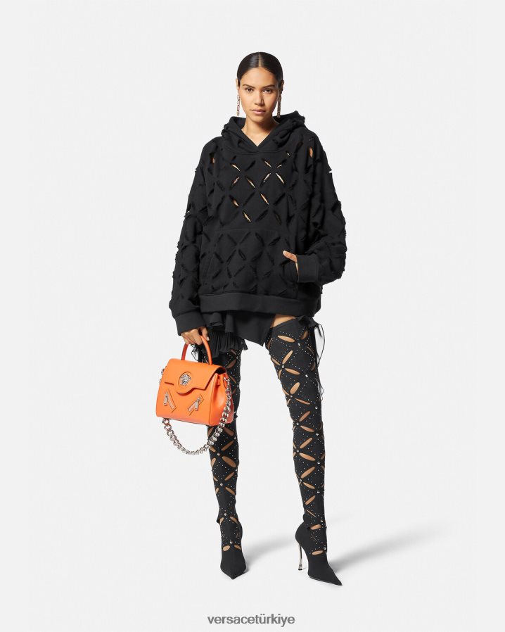 Versace sıkıntılı kesik büyük boy kapüşonlu kadınlar siyah Giyim B0HHR8142