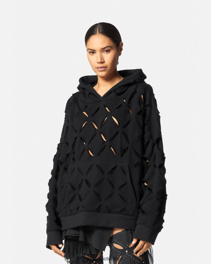 Versace sıkıntılı kesik büyük boy kapüşonlu kadınlar siyah Giyim B0HHR8142