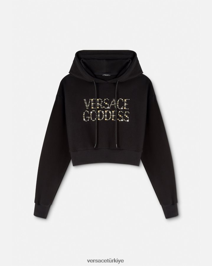 Versace tanrıça çivili kısa kapüşonlu üst kadınlar siyah Giyim B0HHR8145