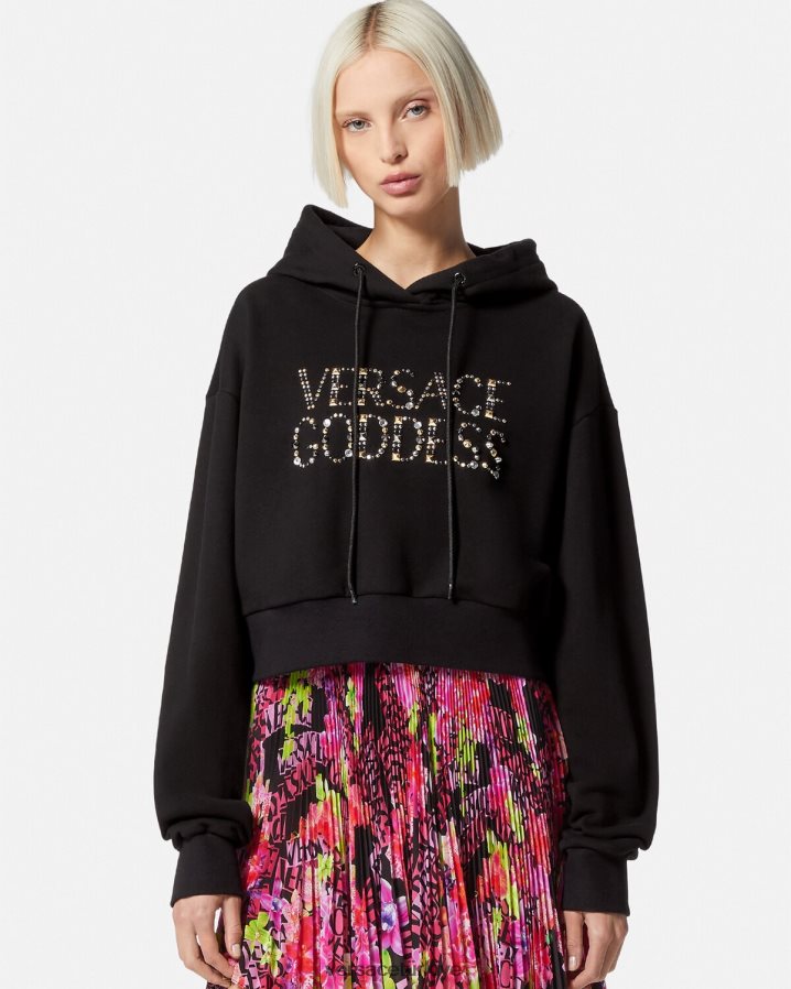 Versace tanrıça çivili kısa kapüşonlu üst kadınlar siyah Giyim B0HHR8145