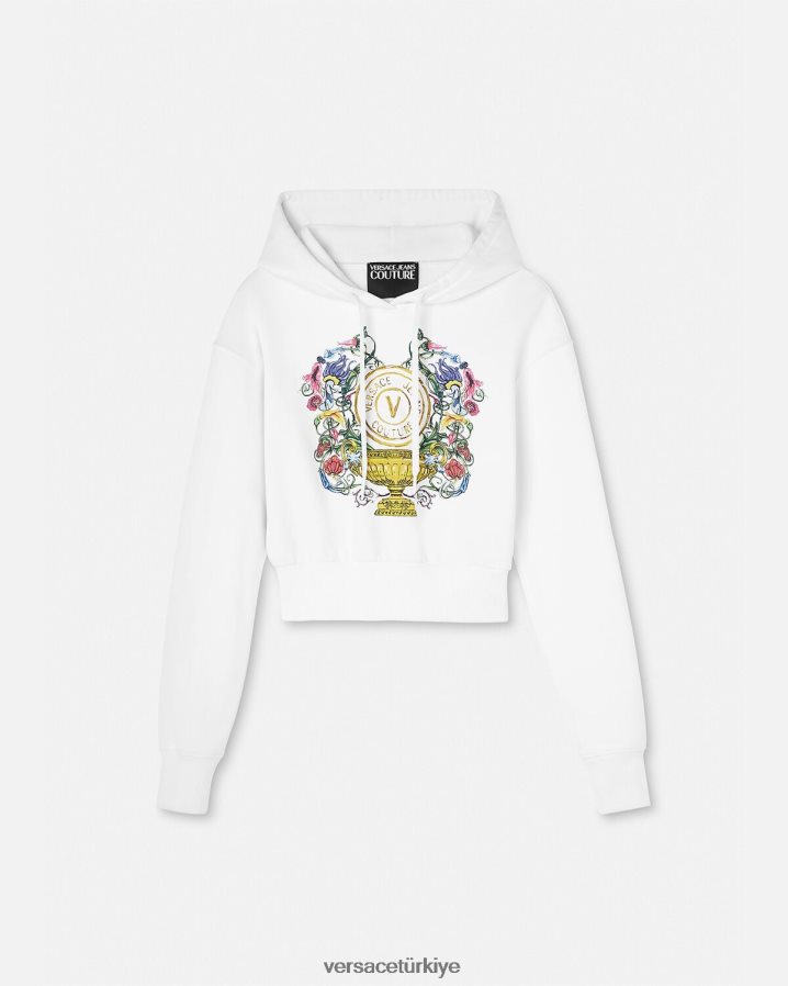 Versace v amblemli bahçe kısa kapşonlu kadınlar altın ve beyaz Giyim B0HHR82232
