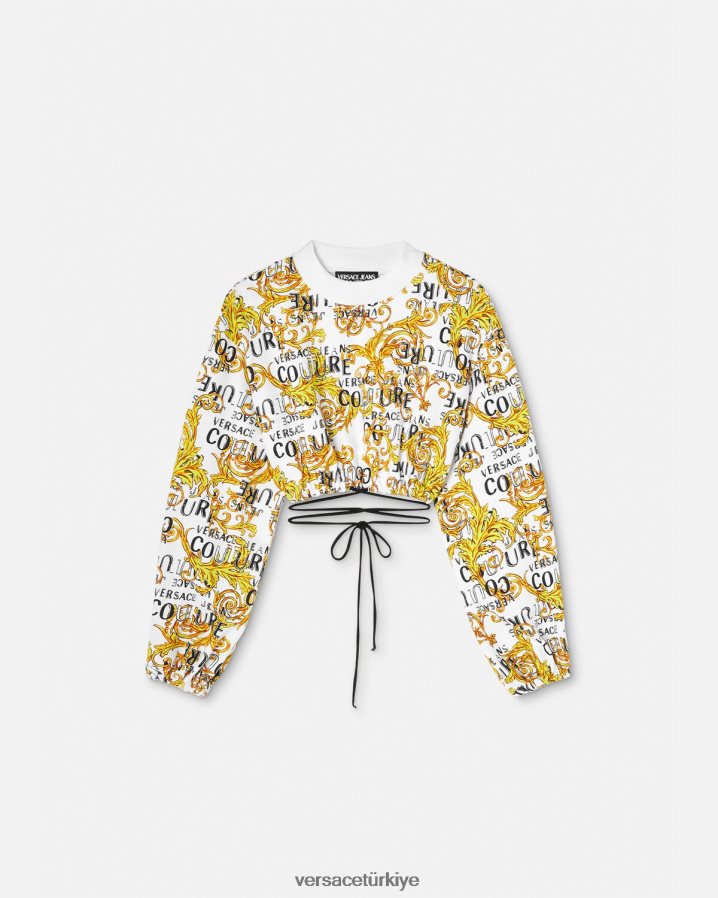 Versace logo couture mahsul sweatshirt kadınlar altın ve beyaz Giyim B0HHR82225