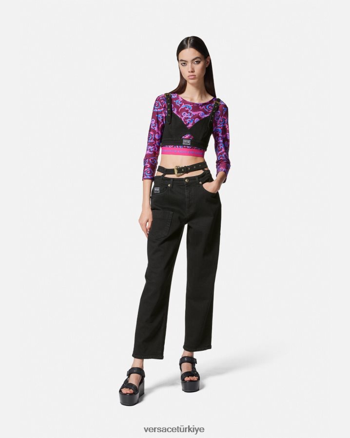 Versace barok tokalı denim kısa üst kadınlar siyah Giyim B0HHR82145