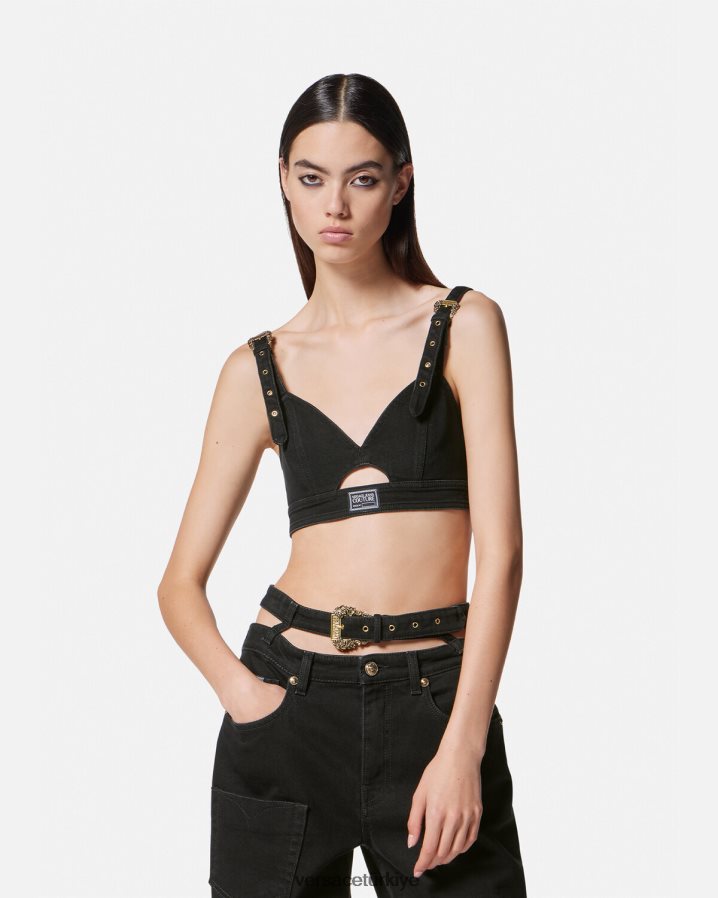 Versace barok tokalı denim kısa üst kadınlar siyah Giyim B0HHR82145
