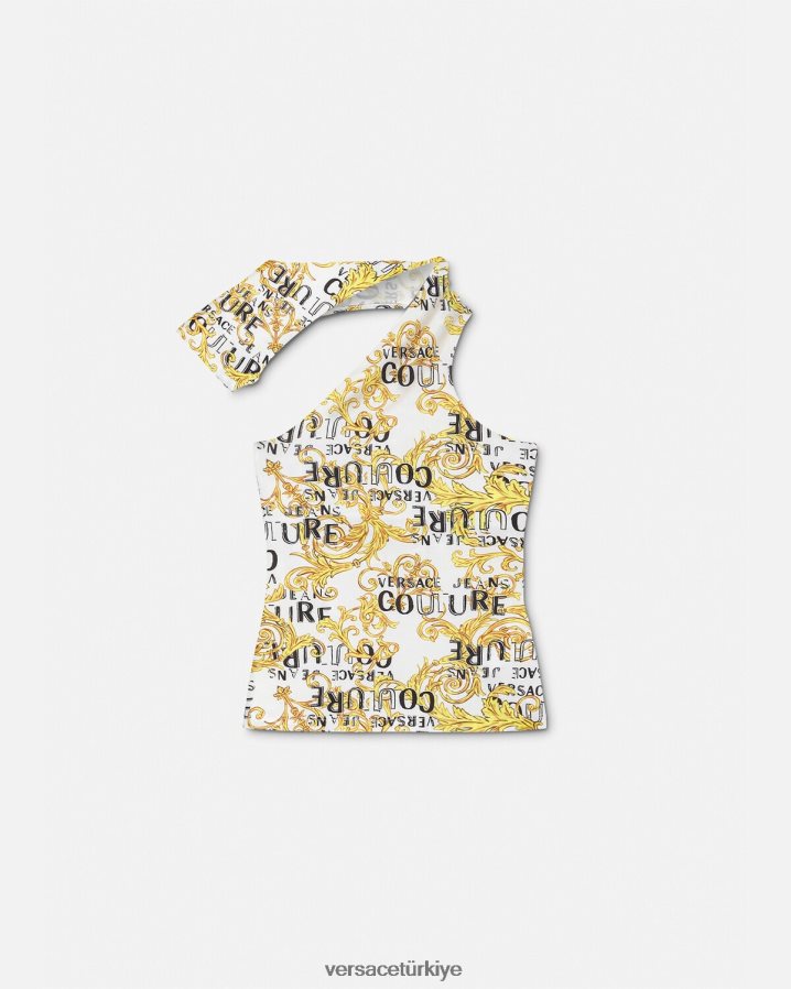 Versace logo couture tek omuzlu üst kadınlar altın ve beyaz Giyim B0HHR82205