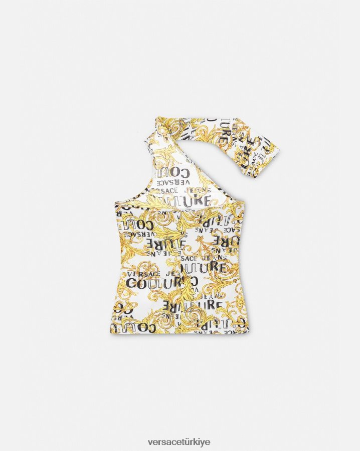 Versace logo couture tek omuzlu üst kadınlar altın ve beyaz Giyim B0HHR82205