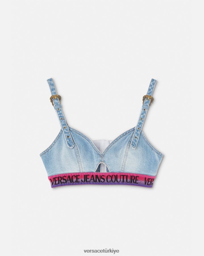 Versace logolu denim kısa üst kadınlar mavi Giyim B0HHR82200