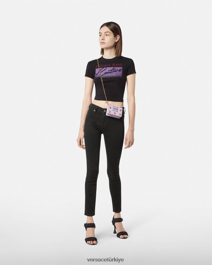 Versace logolu dar kot pantolon kadınlar siyah Giyim B0HHR82246