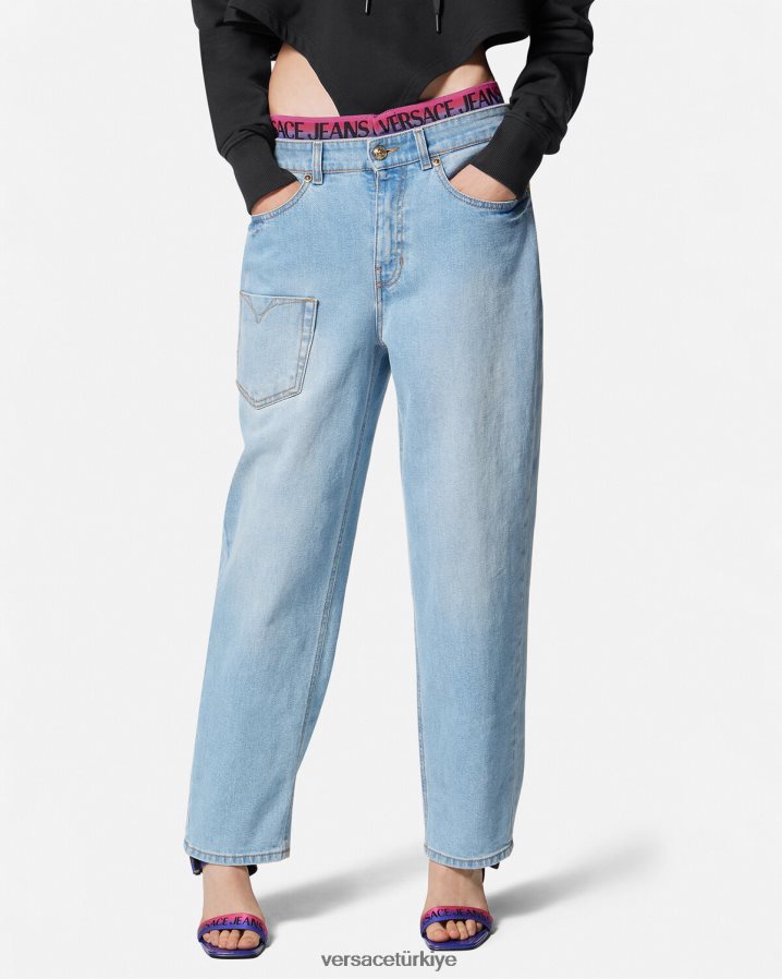 Versace logolu kemer kot pantolon kadınlar mavi Giyim B0HHR82237