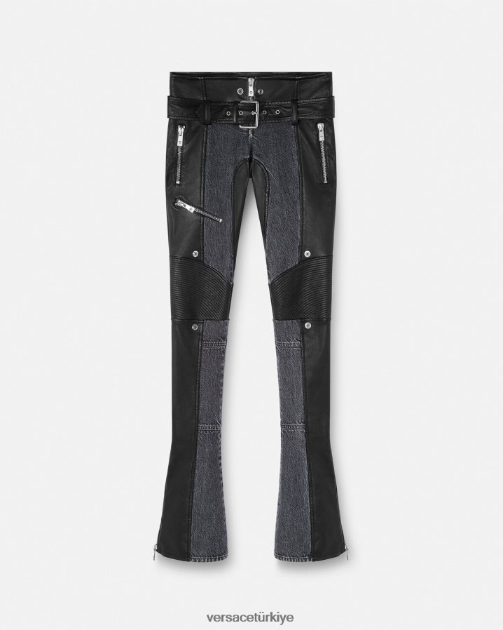 Versace denim deri pantolon kadınlar siyah Giyim B0HHR8224