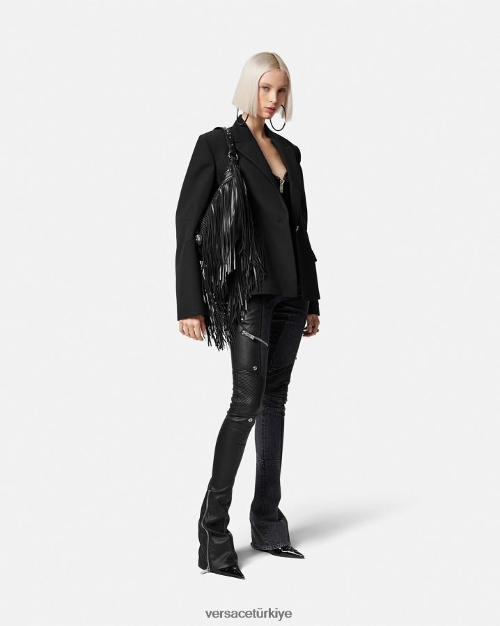 Versace denim deri pantolon kadınlar siyah Giyim B0HHR8224