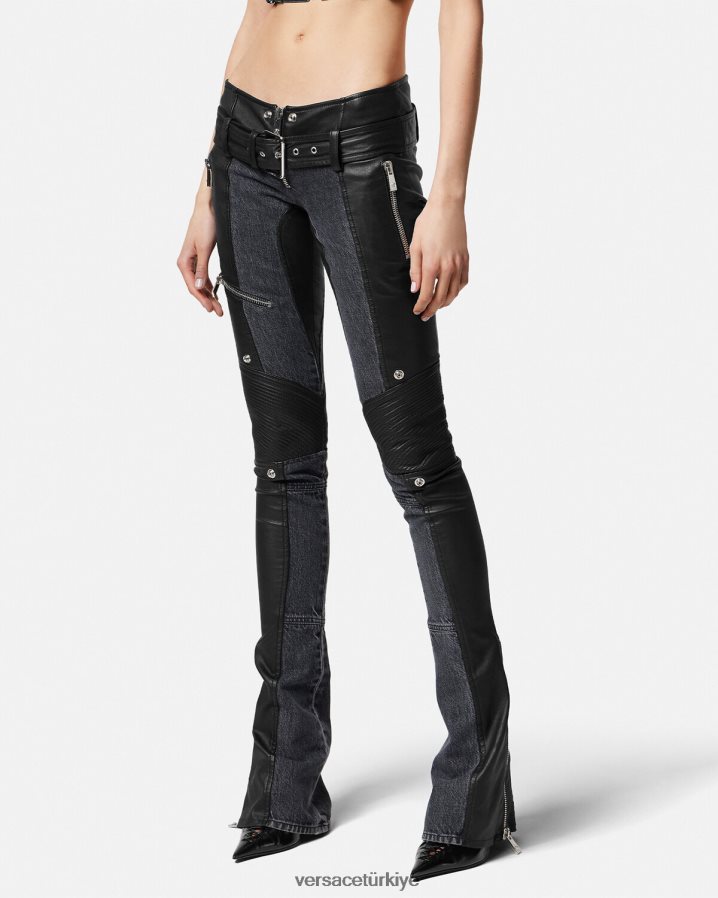 Versace denim deri pantolon kadınlar siyah Giyim B0HHR8224