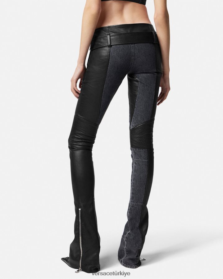Versace denim deri pantolon kadınlar siyah Giyim B0HHR8224