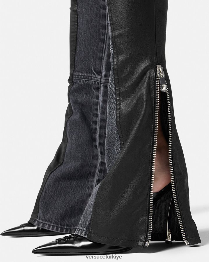 Versace denim deri pantolon kadınlar siyah Giyim B0HHR8224