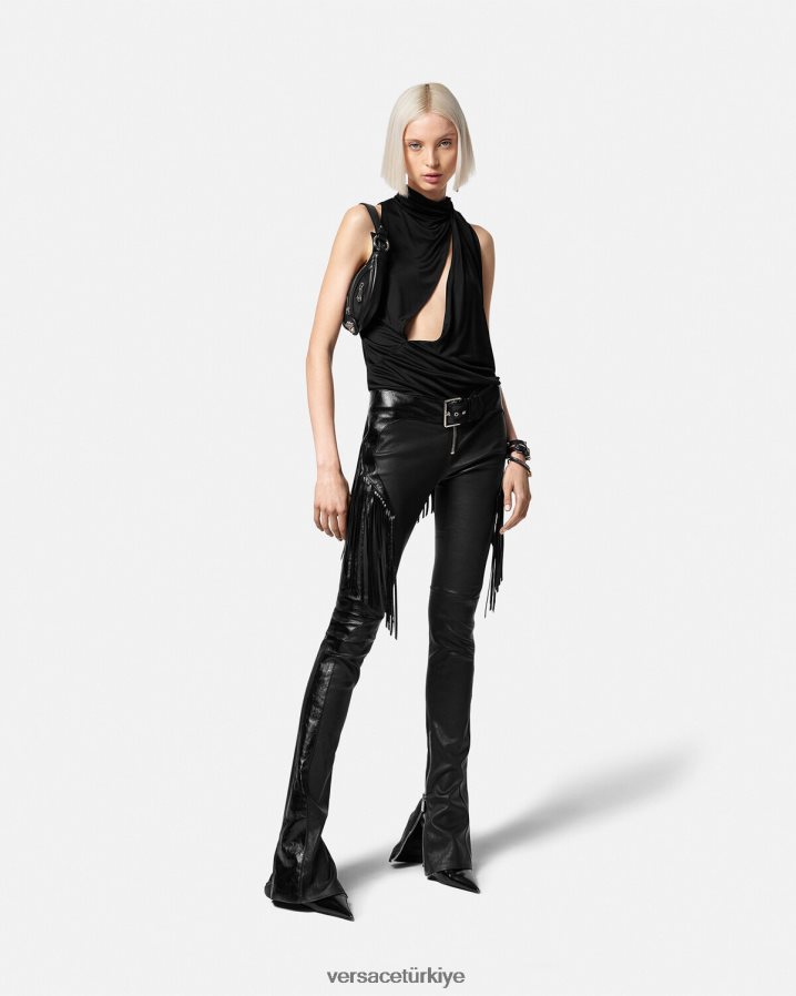 Versace saçaklı deri pantolon kadınlar siyah Giyim B0HHR8223