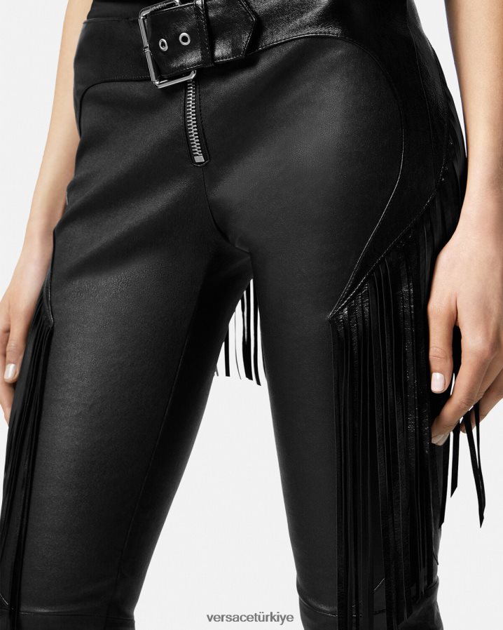 Versace saçaklı deri pantolon kadınlar siyah Giyim B0HHR8223