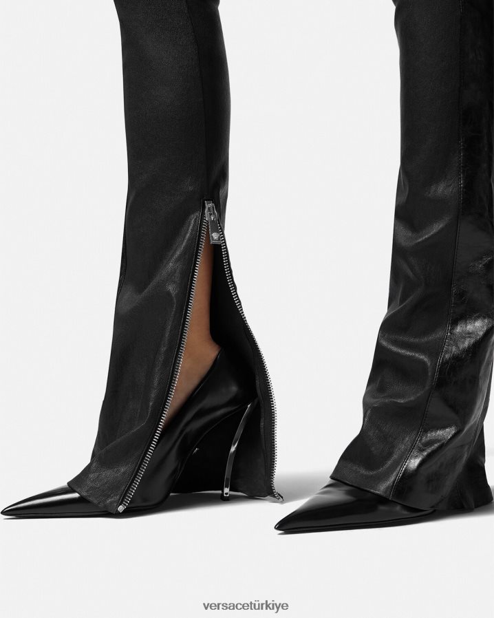 Versace saçaklı deri pantolon kadınlar siyah Giyim B0HHR8223