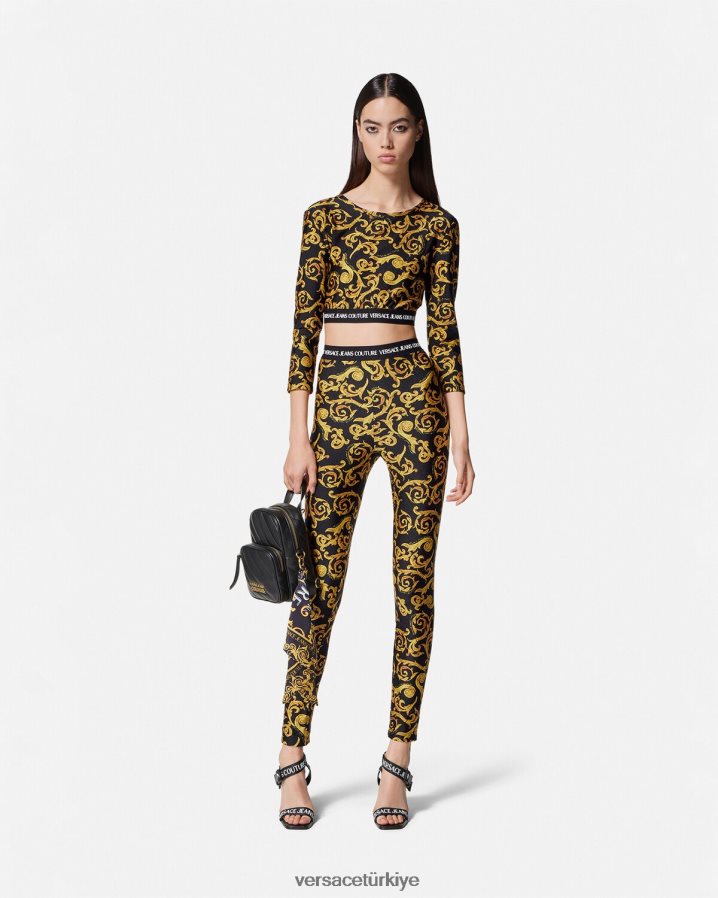 Versace kroki couture tayt kadınlar siyah altın Giyim B0HHR82178