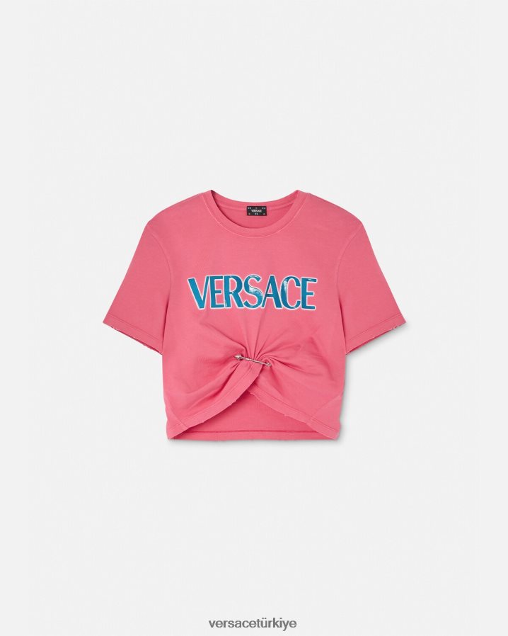 Versace çengelli iğne logolu tişört kadınlar pembe Giyim B0HHR8139