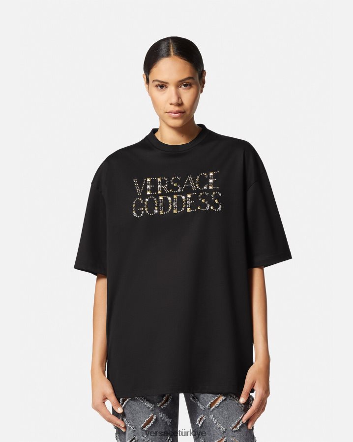 Versace çivili tanrıça tişörtü kadınlar siyah Giyim B0HHR8156