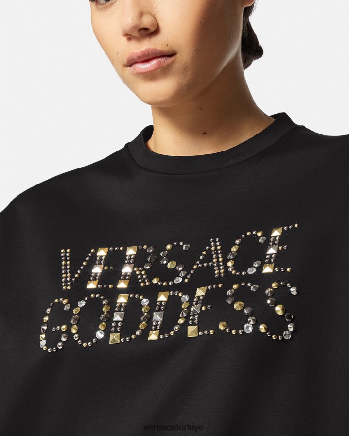 Versace çivili tanrıça tişörtü kadınlar siyah Giyim B0HHR8156