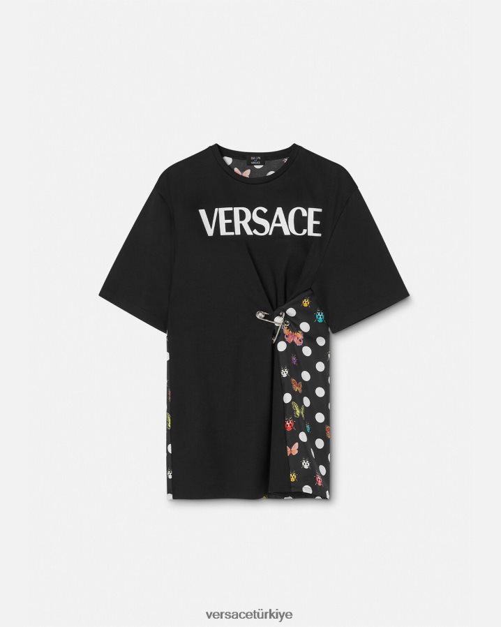 Versace kelebekler çengelli iğne logolu tişört kadınlar siyah ve turuncu ve kırmızı Giyim B0HHR8131