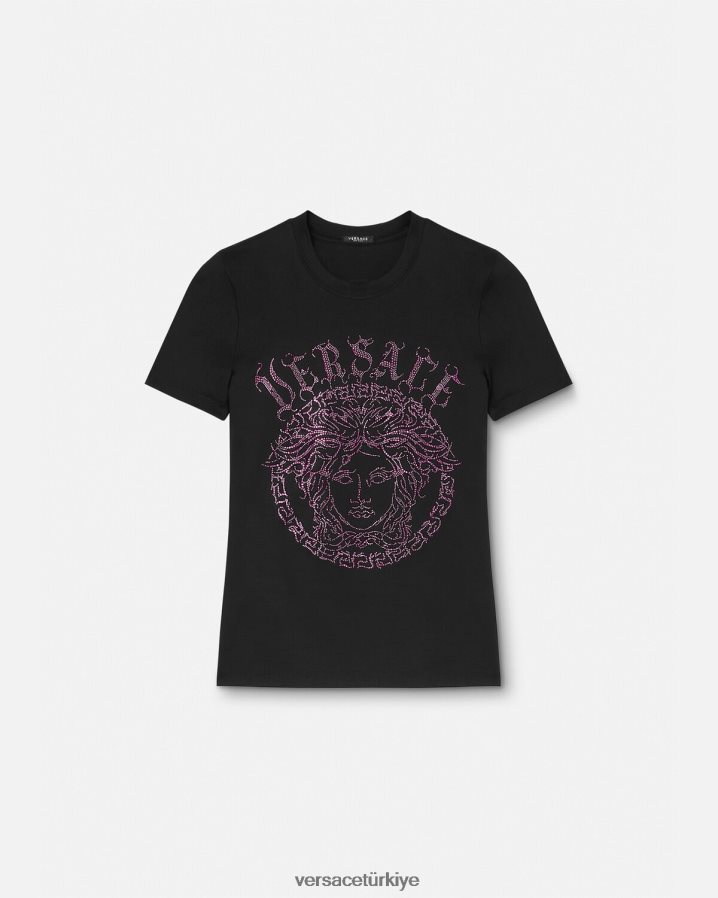 Versace kristal medusa logolu tişört kadınlar siyah ve pembe Giyim B0HHR8153