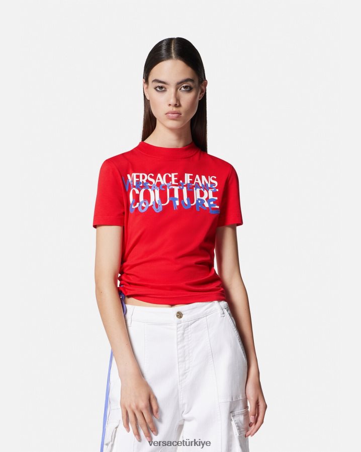 Versace logolu bağcıklı tişört kadınlar turuncu Giyim B0HHR82172