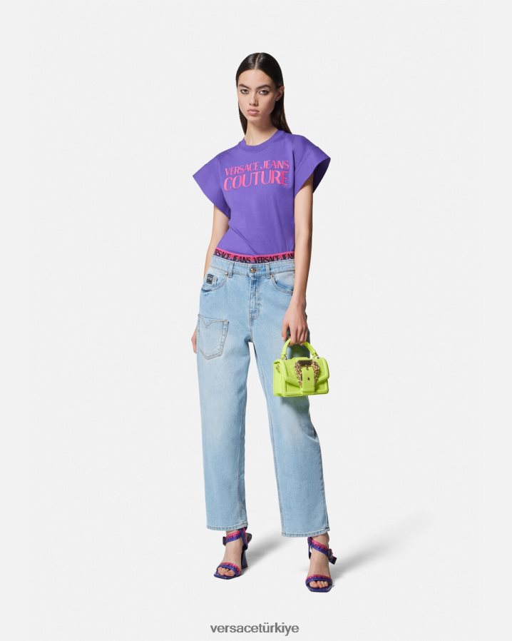 Versace logolu body tişört kadınlar menekşe Giyim B0HHR82163