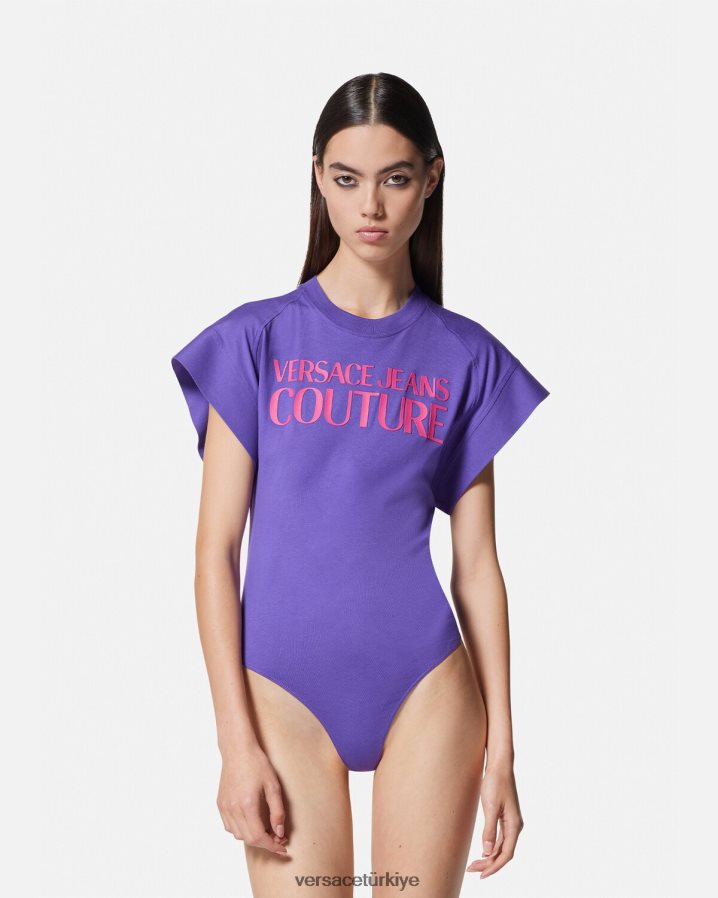Versace logolu body tişört kadınlar menekşe Giyim B0HHR82163