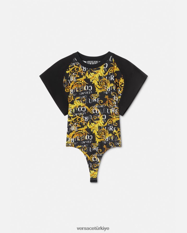 Versace logolu couture body tişört kadınlar siyah altın Giyim B0HHR82208