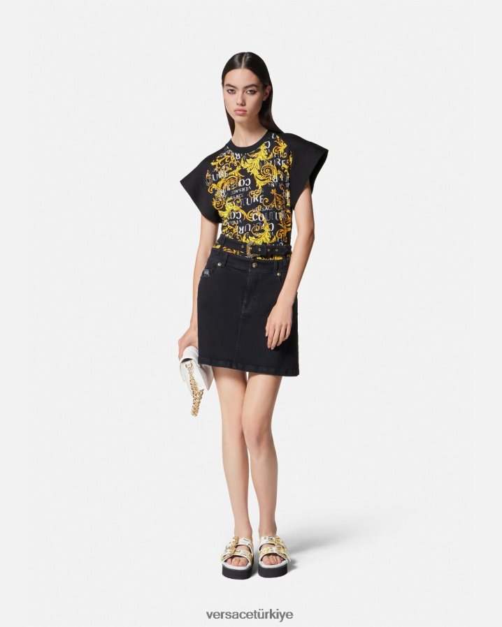 Versace logolu couture body tişört kadınlar siyah altın Giyim B0HHR82208