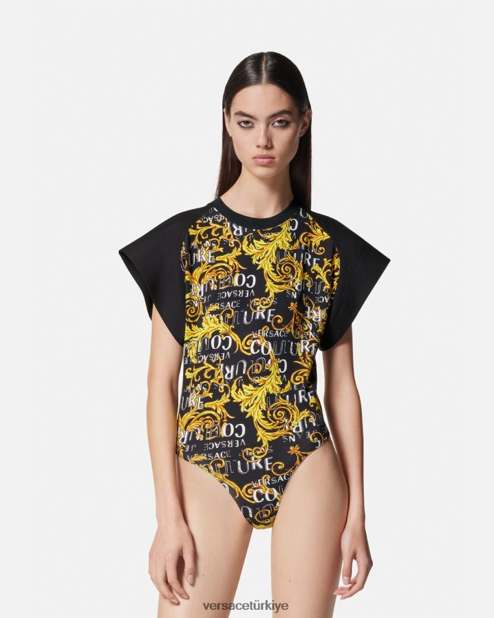 Versace logolu couture body tişört kadınlar siyah altın Giyim B0HHR82208