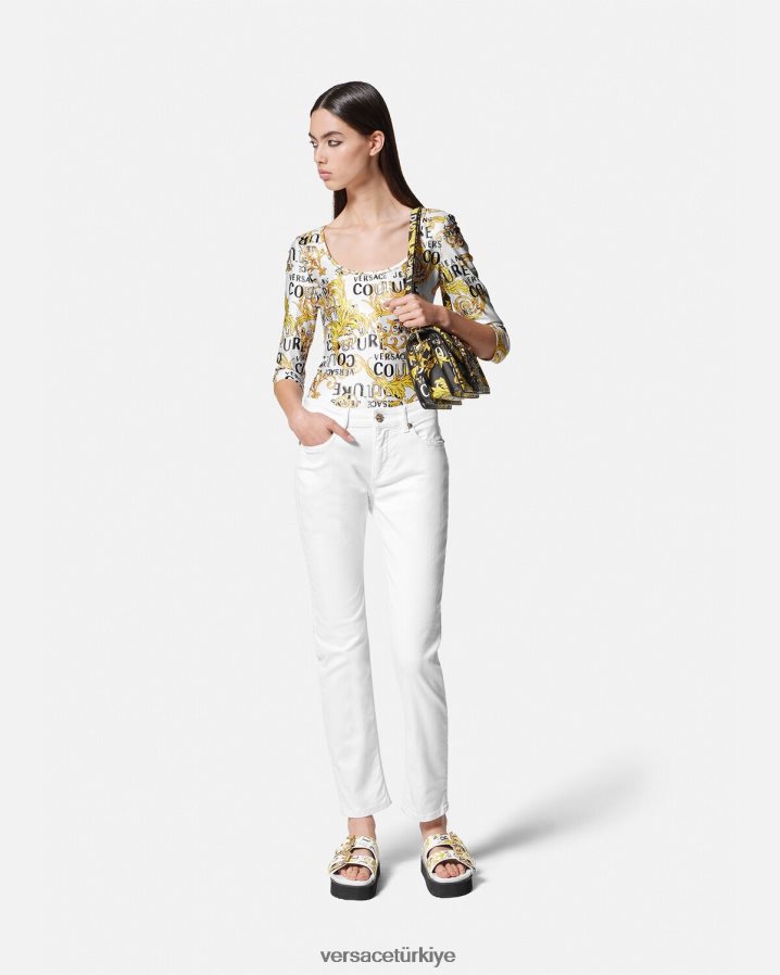Versace logolu özel tasarım body kadınlar altın ve beyaz Giyim B0HHR82210