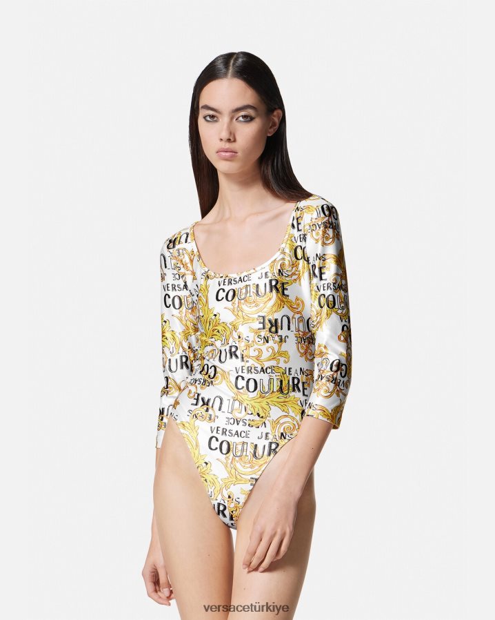 Versace logolu özel tasarım body kadınlar altın ve beyaz Giyim B0HHR82210