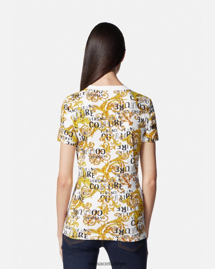 Versace logolu özel tasarım tişört kadınlar altın ve beyaz Giyim B0HHR82223
