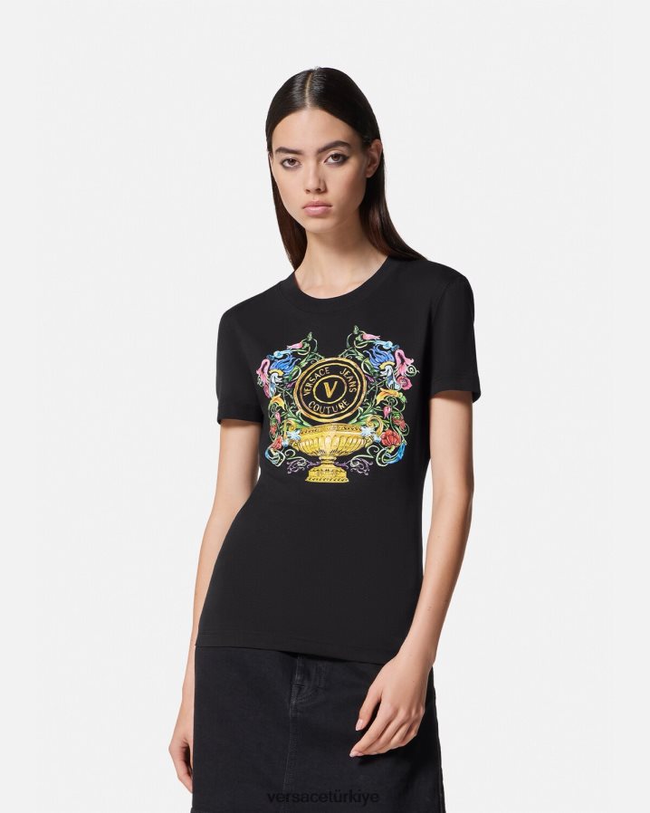 Versace v amblemli bahçe tişörtü kadınlar siyah altın Giyim B0HHR82231