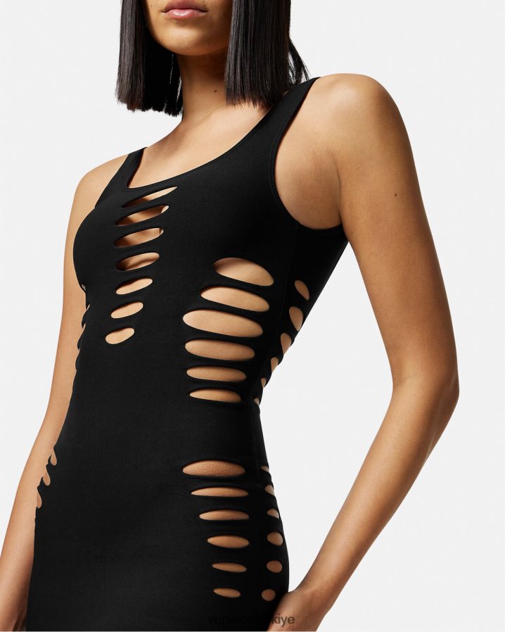 Versace yırtık mini elbisenin üzerini örtmek kadınlar siyah iç çamaşırı ve plaj kıyafeti B0HHR81216