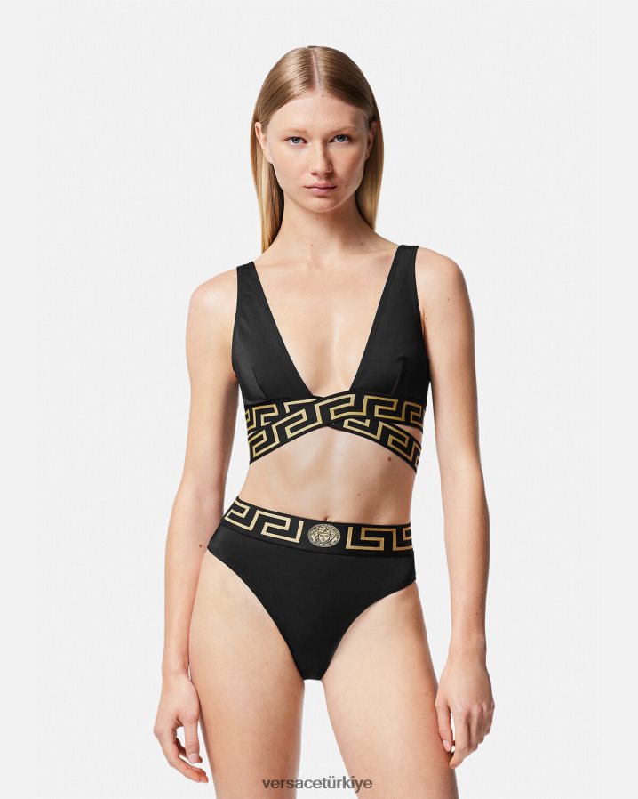 Versace greca bordürlü yüksek bel bikini külotu kadınlar siyah iç çamaşırı ve plaj kıyafeti B0HHR81153